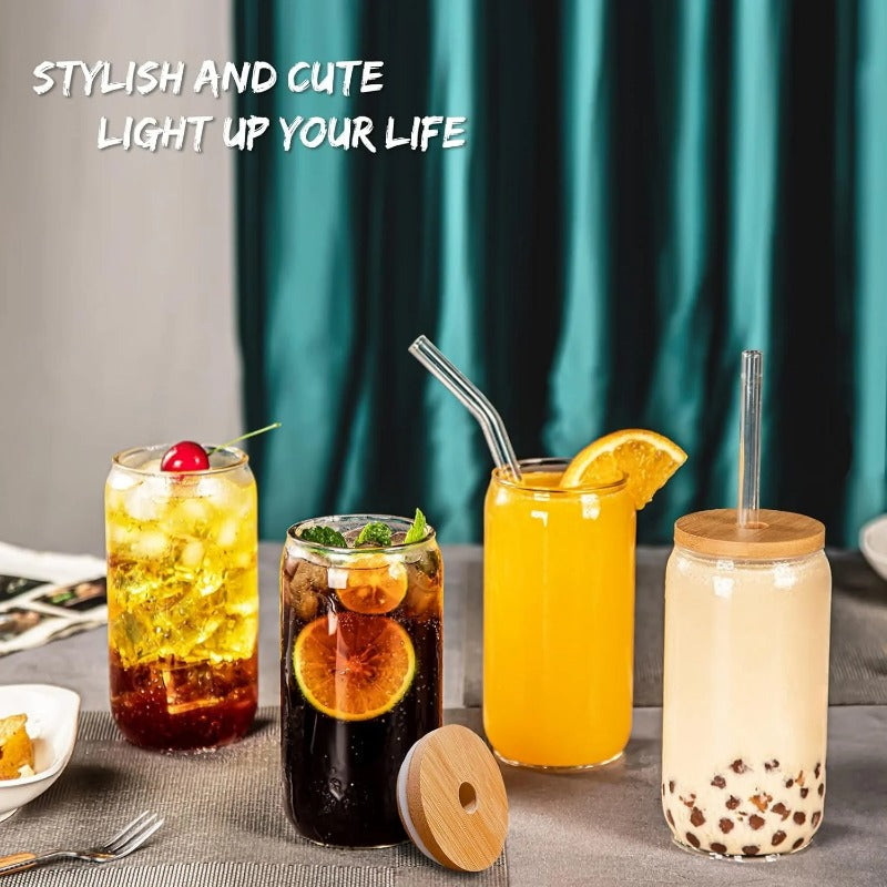 Creative DIY Glass Tea Juice Milk Coffee Cup Glass Drinking Cup Bamboo Cover Jar Shape High Borosilicate Glass Durable Drinkware