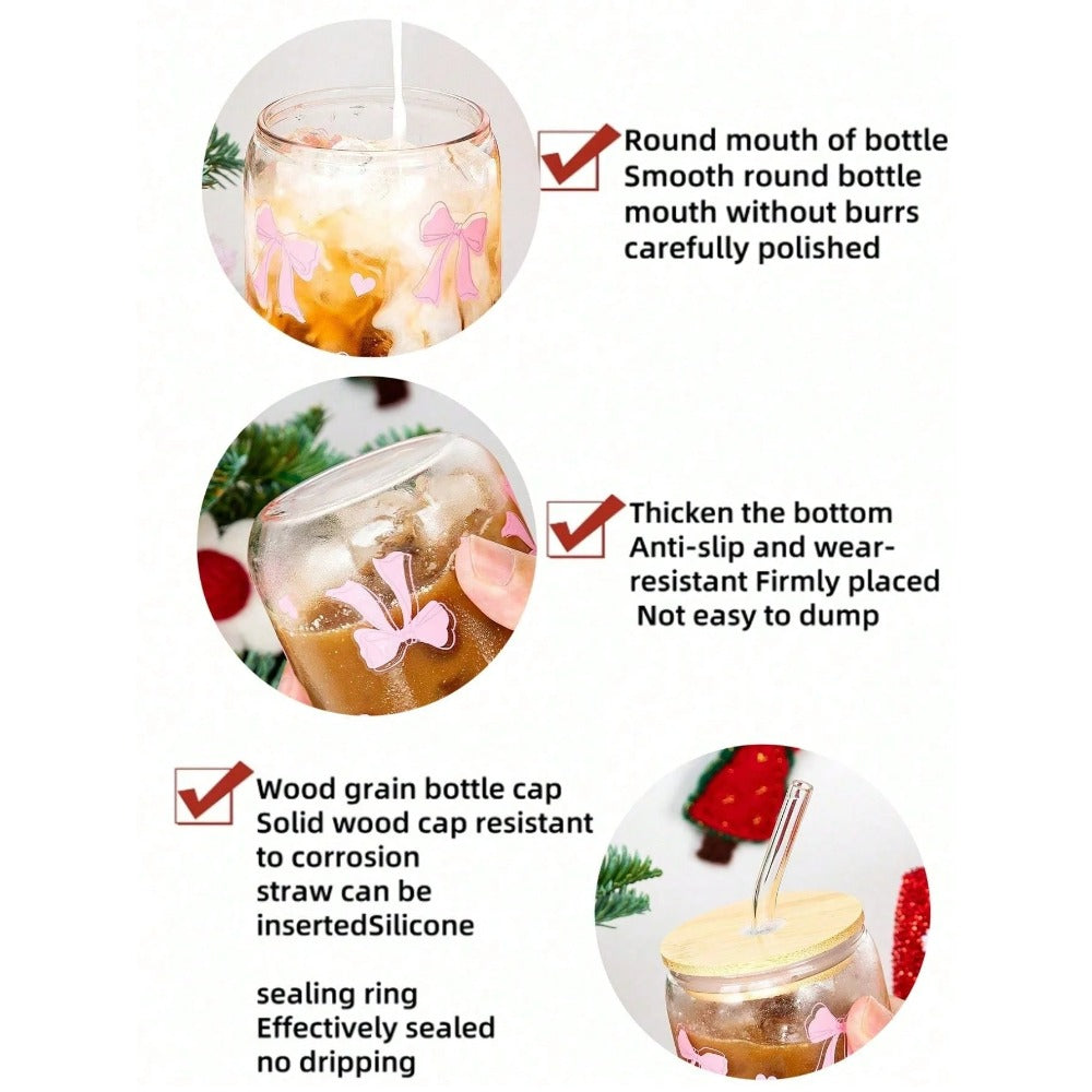 1pc 500ml Cute Bow Glass Cup Love Cherry Graffiti Pattern Water Bottle With Bamboo Lid Iced Coffee Glasses Beverage Juice Cups