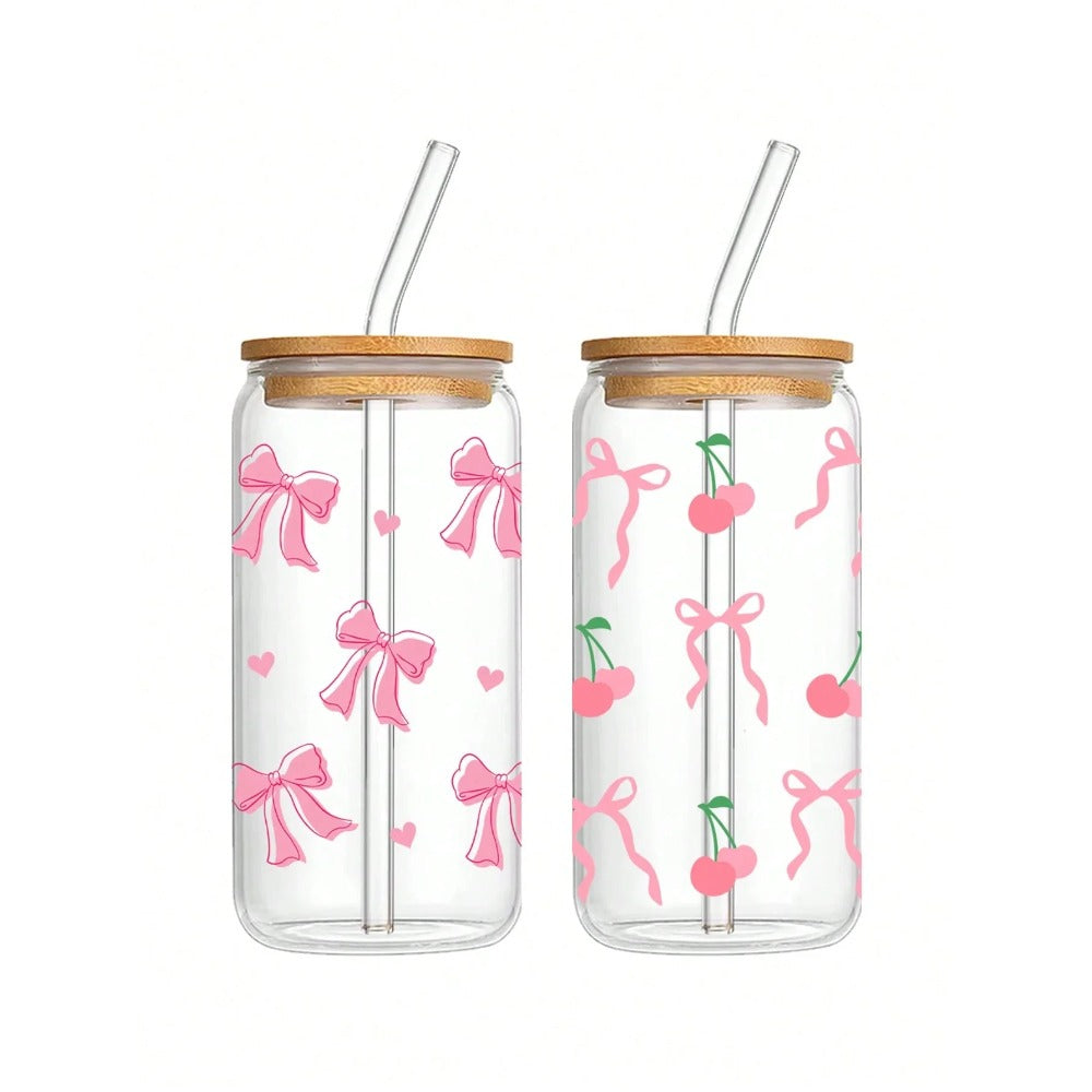 1pc 500ml Cute Bow Glass Cup Love Cherry Graffiti Pattern Water Bottle With Bamboo Lid Iced Coffee Glasses Beverage Juice Cups