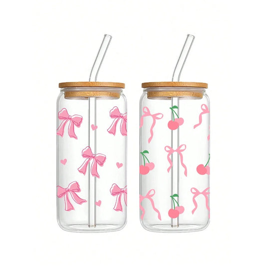 1pc 500ml Cute Bow Glass Cup Love Cherry Graffiti Pattern Water Bottle With Bamboo Lid Iced Coffee Glasses Beverage Juice Cups