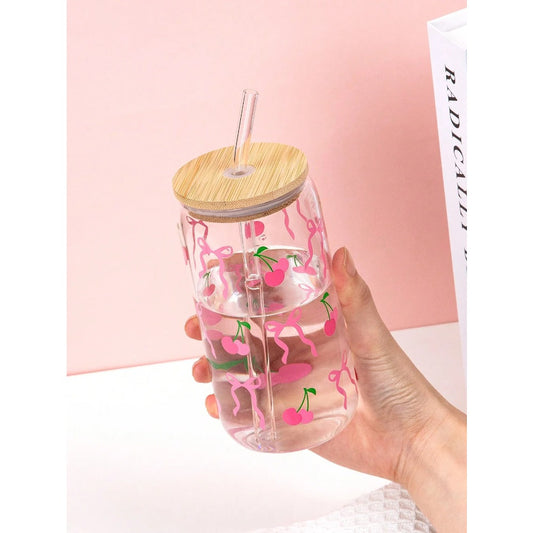 1pc 500ml Cute Bow Glass Cup Love Cherry Graffiti Pattern Water Bottle With Bamboo Lid Iced Coffee Glasses Beverage Juice Cups
