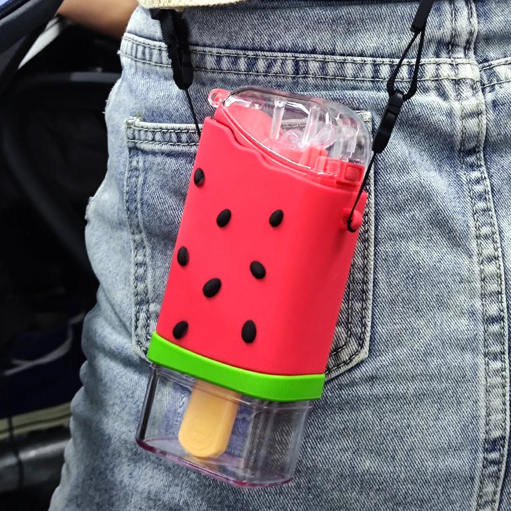 Portable Leakproof Children Kettle Water Bottle 317ml With Straw Creative Square Watermelon Cup Cartoon Cute