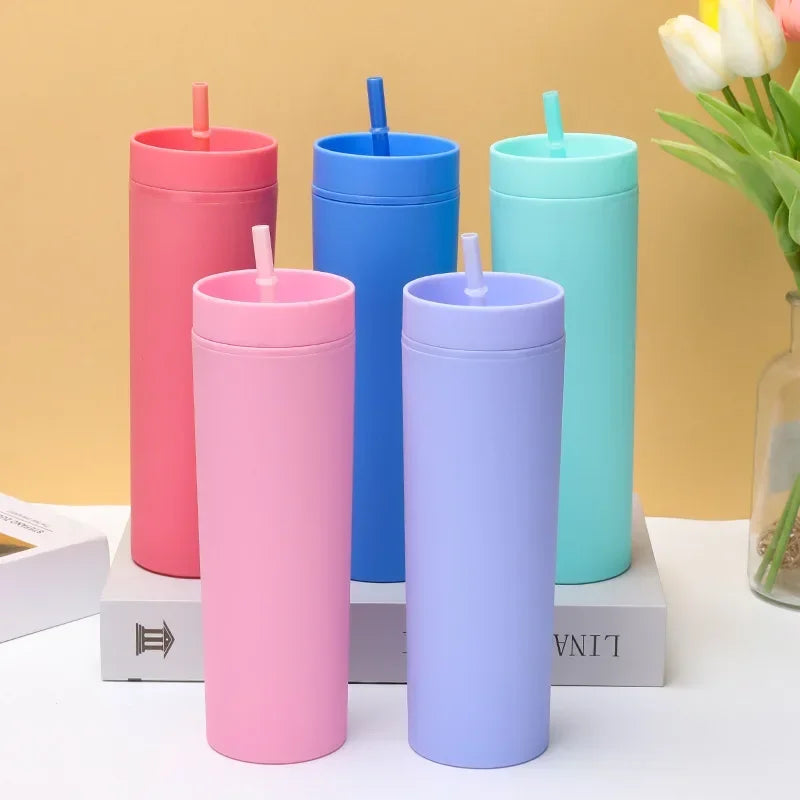 Plastic Straw Cup Double-Layer Water Bottles Coffee Cup Reusable Hard Plastic Tumbler with Lid Drinkware with Straw and Lid Gift