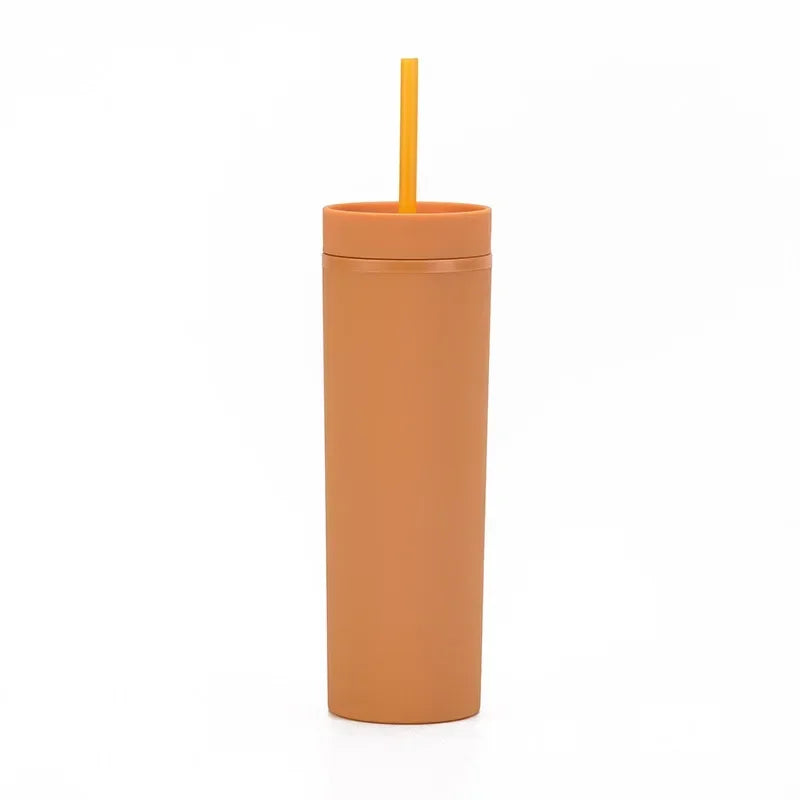 Plastic Straw Cup Double-Layer Water Bottles Coffee Cup Reusable Hard Plastic Tumbler with Lid Drinkware with Straw and Lid Gift