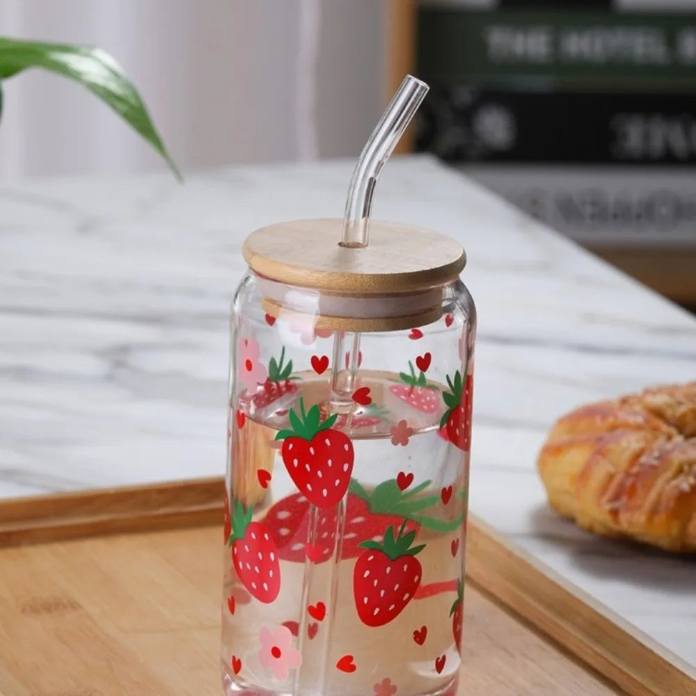 Kawaii Strawberry plastic Cup With Lid And Straw Drinking Cup Iced Hot Coffee Glasses Cute Tumbler Cup for Kitchenware Juice Cup