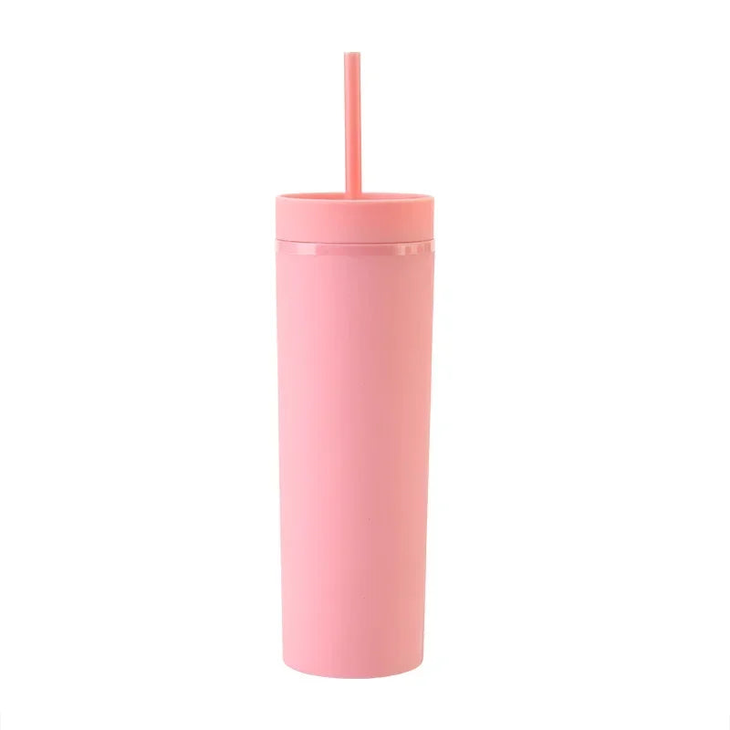 Plastic Straw Cup Double-Layer Water Bottles Coffee Cup Reusable Hard Plastic Tumbler with Lid Drinkware with Straw and Lid Gift