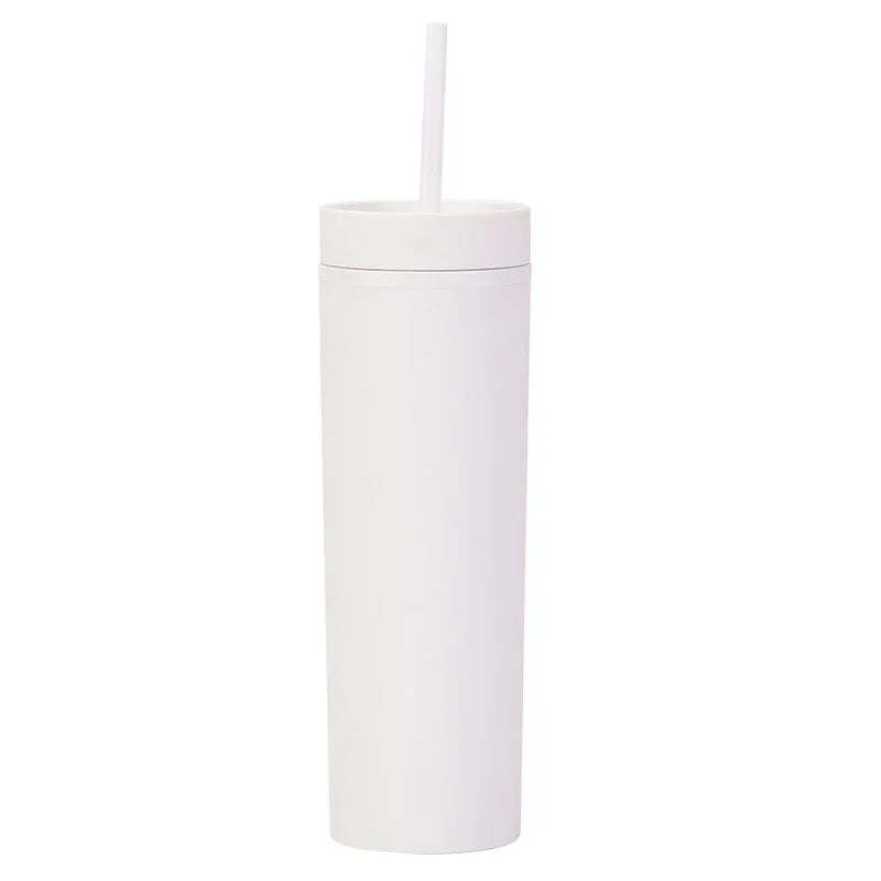 Plastic Straw Cup Double-Layer Water Bottles Coffee Cup Reusable Hard Plastic Tumbler with Lid Drinkware with Straw and Lid Gift