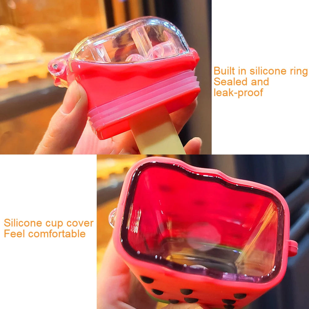 Portable Leakproof Children Kettle Water Bottle 317ml With Straw Creative Square Watermelon Cup Cartoon Cute