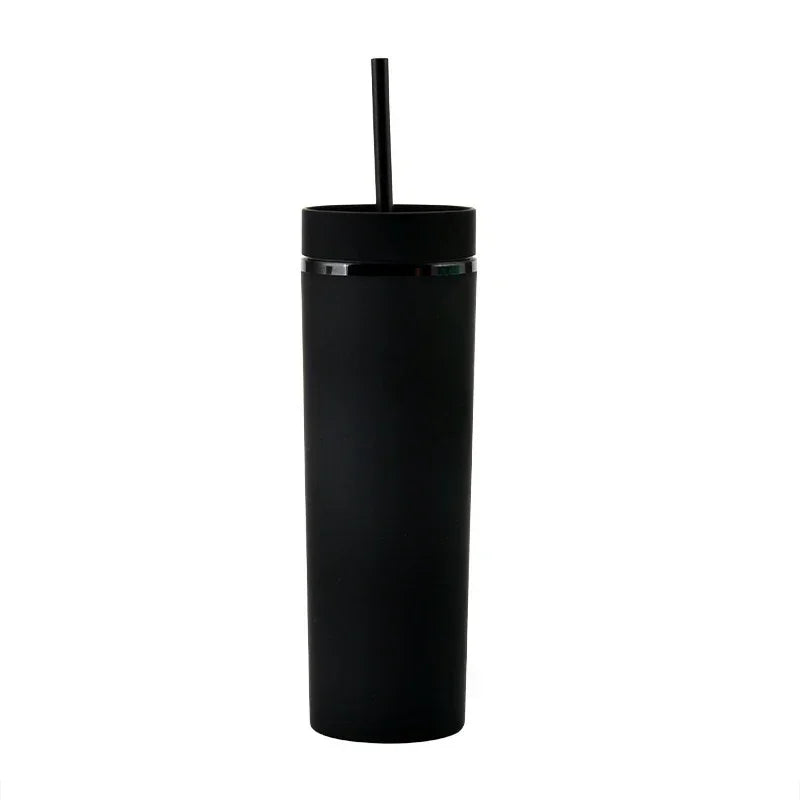Plastic Straw Cup Double-Layer Water Bottles Coffee Cup Reusable Hard Plastic Tumbler with Lid Drinkware with Straw and Lid Gift