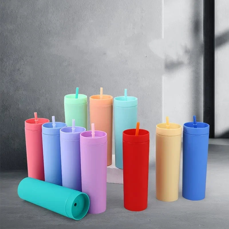 Plastic Straw Cup Double-Layer Water Bottles Coffee Cup Reusable Hard Plastic Tumbler with Lid Drinkware with Straw and Lid Gift