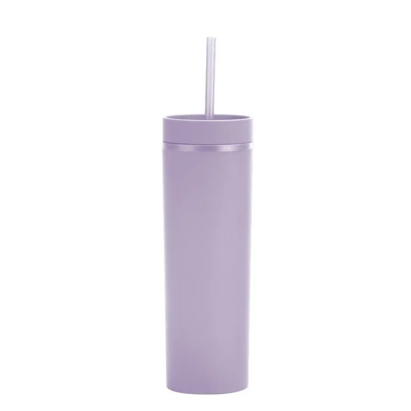 Plastic Straw Cup Double-Layer Water Bottles Coffee Cup Reusable Hard Plastic Tumbler with Lid Drinkware with Straw and Lid Gift