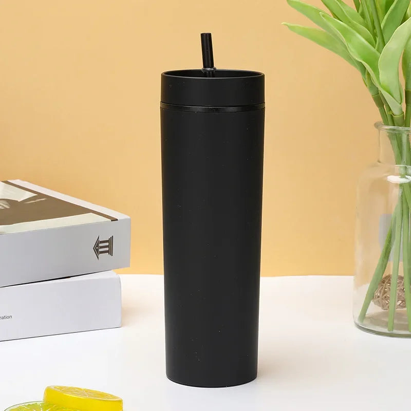 Plastic Straw Cup Double-Layer Water Bottles Coffee Cup Reusable Hard Plastic Tumbler with Lid Drinkware with Straw and Lid Gift