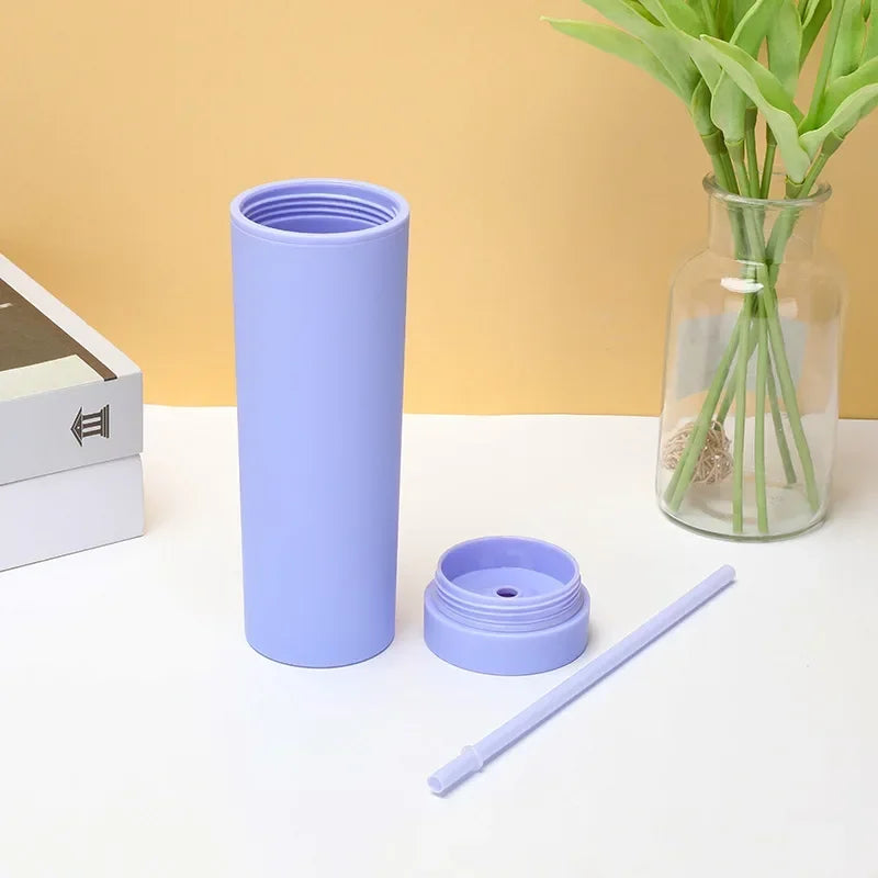 Plastic Straw Cup Double-Layer Water Bottles Coffee Cup Reusable Hard Plastic Tumbler with Lid Drinkware with Straw and Lid Gift