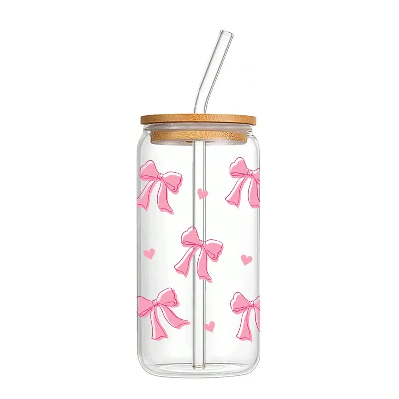 1pc 500ml Cute Bow Glass Cup Love Cherry Graffiti Pattern Water Bottle With Bamboo Lid Iced Coffee Glasses Beverage Juice Cups