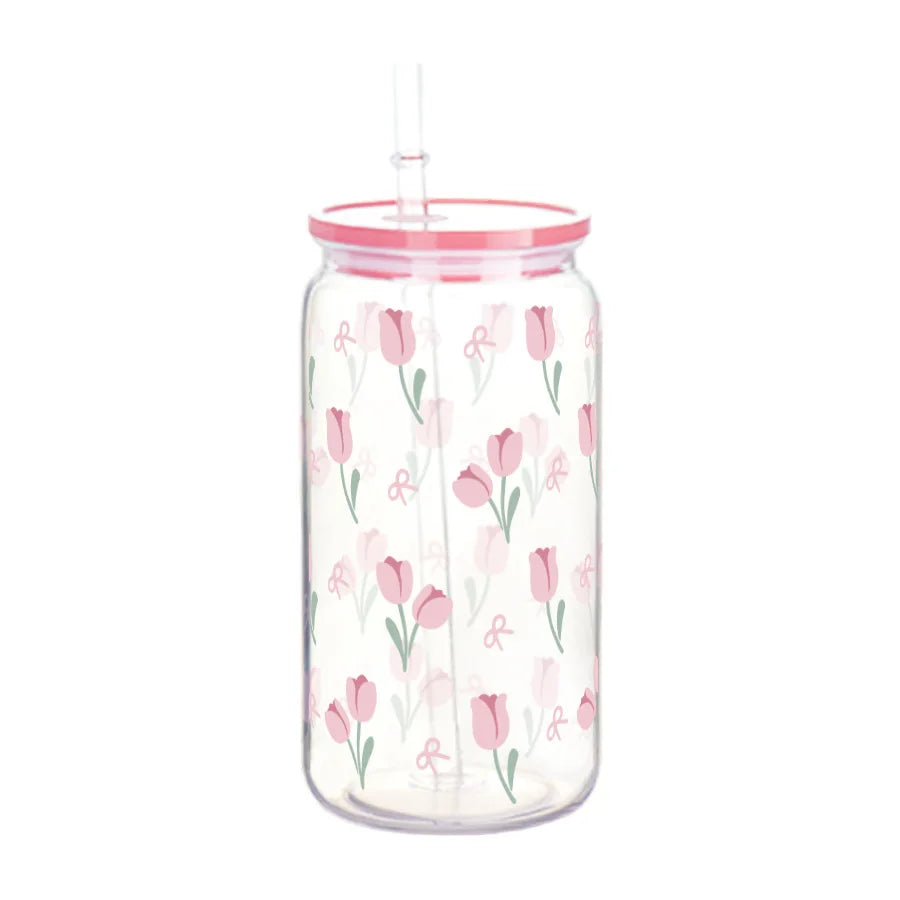 16oz Cute Bow Plastic Cup with Lid Bow Cherry Graffiti Pattern Water Bottle for Kitchen Coffee Straw Cups Beverage Juice Cups ﻿