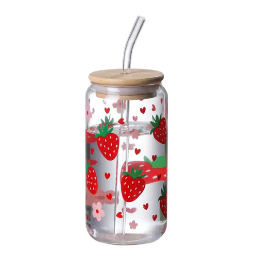 Kawaii Strawberry plastic Cup With Lid And Straw Drinking Cup Iced Hot Coffee Glasses Cute Tumbler Cup for Kitchenware Juice Cup