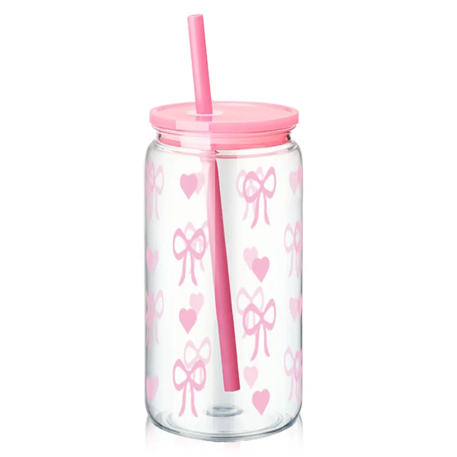 16oz Cute Bow Plastic Cup with Lid Bow Cherry Graffiti Pattern Water Bottle for Kitchen Coffee Straw Cups Beverage Juice Cups ﻿