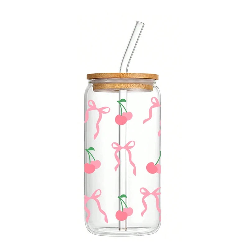 1pc 500ml Cute Bow Glass Cup Love Cherry Graffiti Pattern Water Bottle With Bamboo Lid Iced Coffee Glasses Beverage Juice Cups