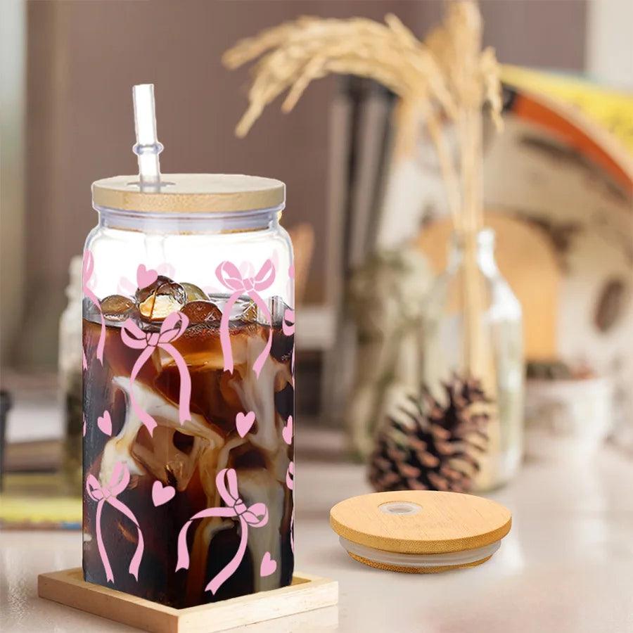 16oz Cute Bow Plastic Cup with Lid Bow Cherry Graffiti Pattern Water Bottle for Kitchen Coffee Straw Cups Beverage Juice Cups ﻿
