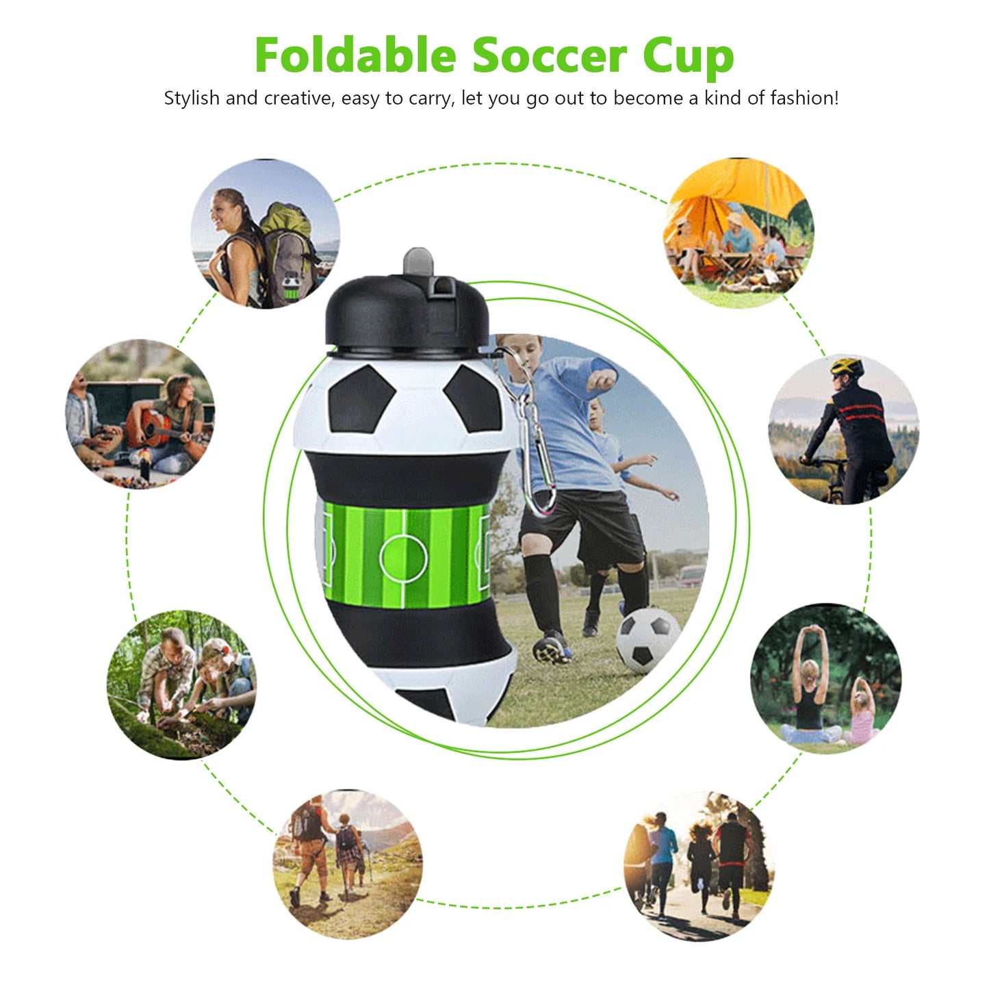 Silicone Collapsible Ball Water Bottle with Climbing Buckle, Drop and Leak Proof Outdoor Sports Mug, Black & White Soccer Style
