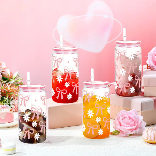 16oz Cute Bow Plastic Cup with Lid Bow Cherry Graffiti Pattern Water Bottle for Kitchen Coffee Straw Cups Beverage Juice Cups ﻿