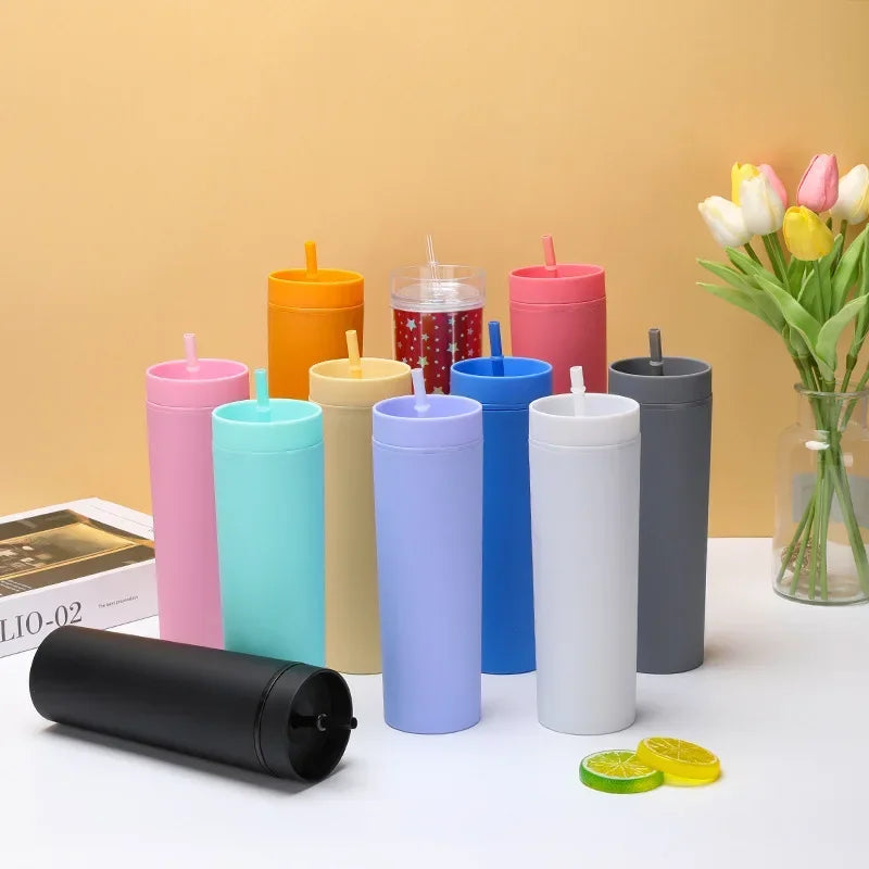 Plastic Straw Cup Double-Layer Water Bottles Coffee Cup Reusable Hard Plastic Tumbler with Lid Drinkware with Straw and Lid Gift