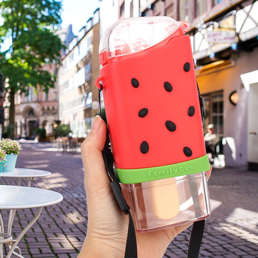 Portable Leakproof Children Kettle Water Bottle 317ml With Straw Creative Square Watermelon Cup Cartoon Cute