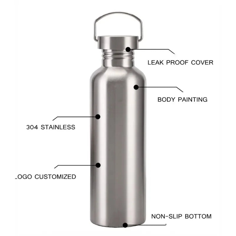 Stainless Steel Water Bottle 1000ml Big Mouth Single Wall Drinking Bottle Sports Bottle Flasks with Bamboo Plastic Steel Lid