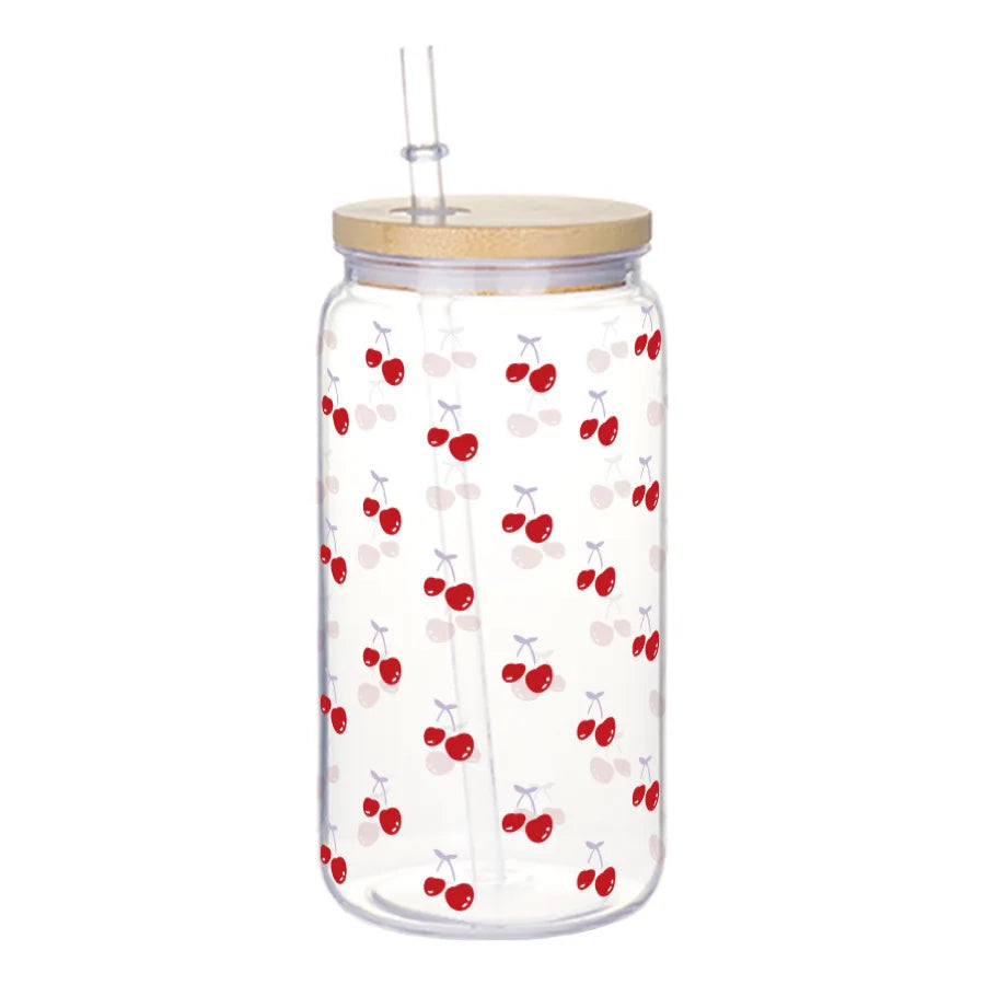 16oz Cute Bow Plastic Cup with Lid Bow Cherry Graffiti Pattern Water Bottle for Kitchen Coffee Straw Cups Beverage Juice Cups ﻿