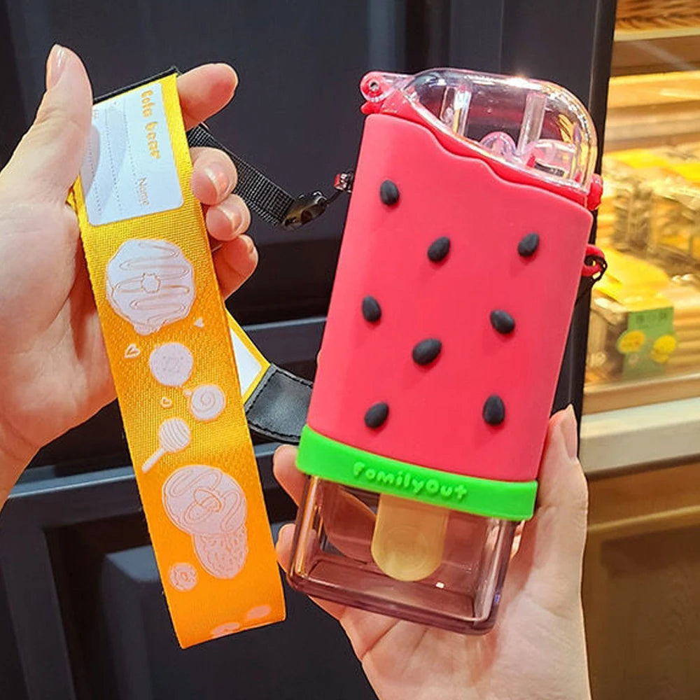 Portable Leakproof Children Kettle Water Bottle 317ml With Straw Creative Square Watermelon Cup Cartoon Cute