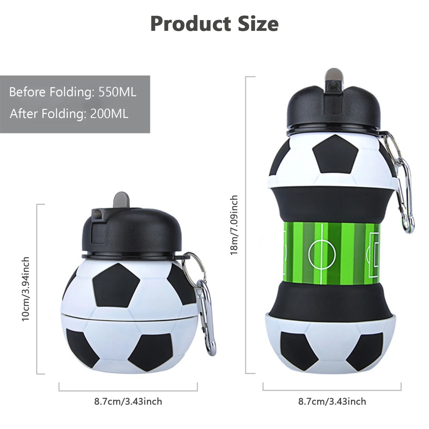 Silicone Collapsible Ball Water Bottle with Climbing Buckle, Drop and Leak Proof Outdoor Sports Mug, Black & White Soccer Style