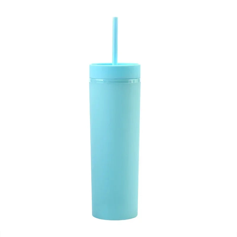 Plastic Straw Cup Double-Layer Water Bottles Coffee Cup Reusable Hard Plastic Tumbler with Lid Drinkware with Straw and Lid Gift