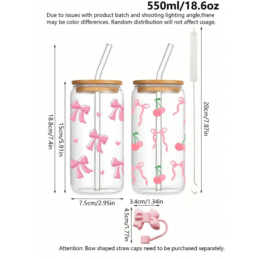 1pc 500ml Cute Bow Glass Cup Love Cherry Graffiti Pattern Water Bottle With Bamboo Lid Iced Coffee Glasses Beverage Juice Cups