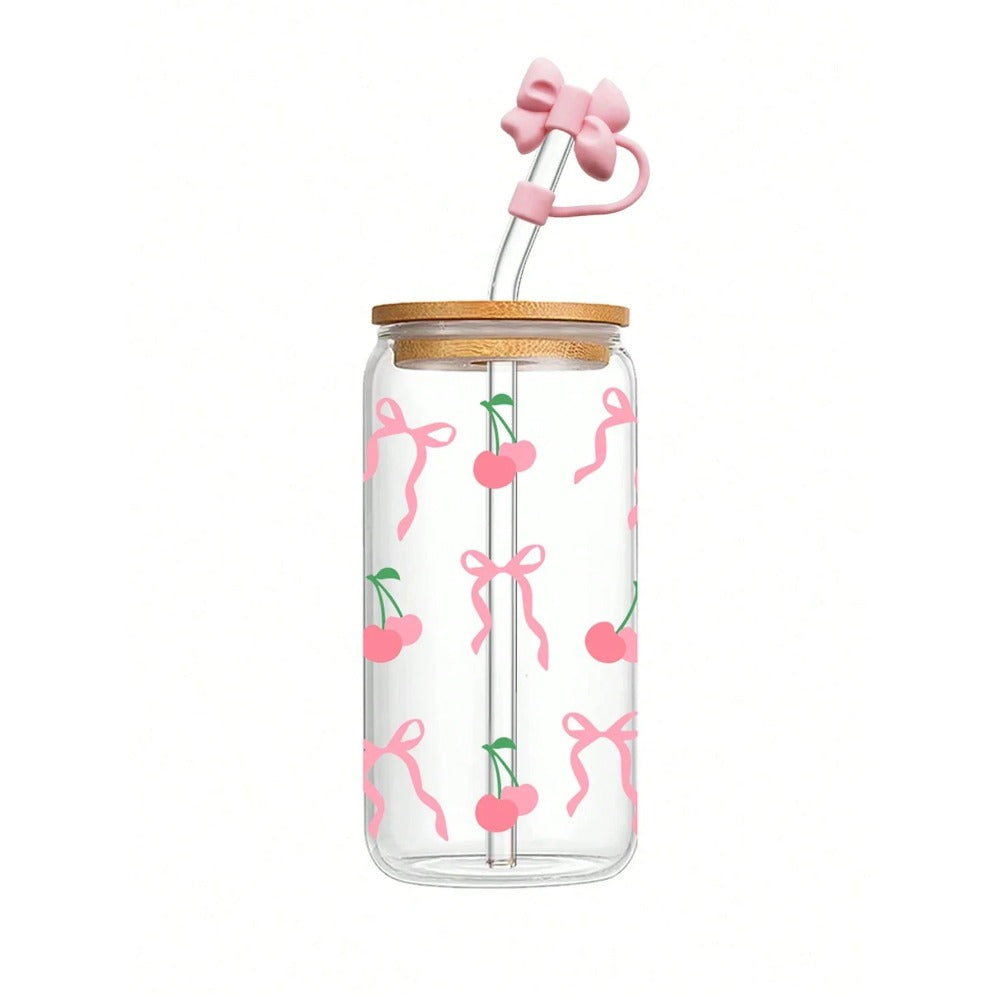 1pc 500ml Cute Bow Glass Cup Love Cherry Graffiti Pattern Water Bottle With Bamboo Lid Iced Coffee Glasses Beverage Juice Cups