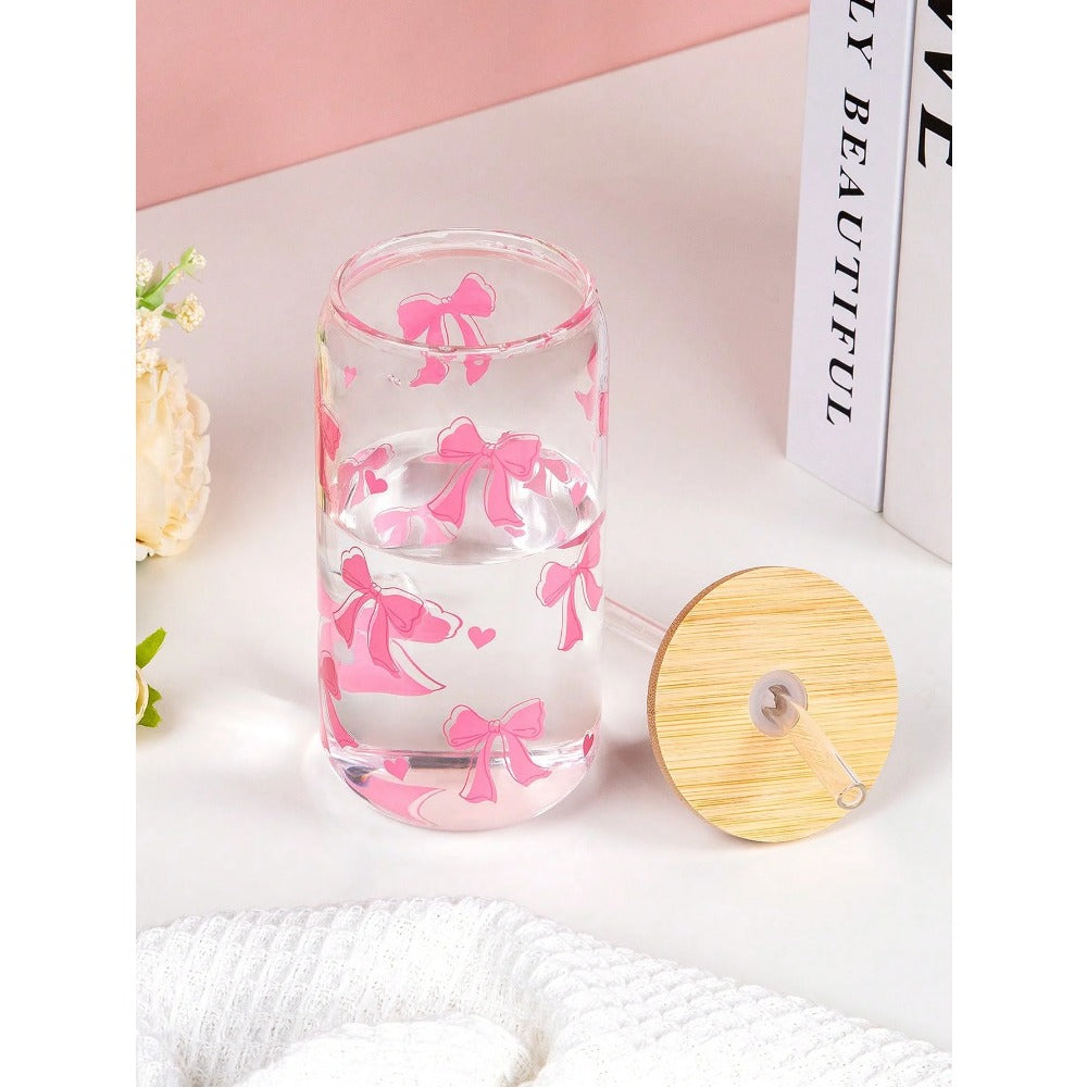 1pc 500ml Cute Bow Glass Cup Love Cherry Graffiti Pattern Water Bottle With Bamboo Lid Iced Coffee Glasses Beverage Juice Cups