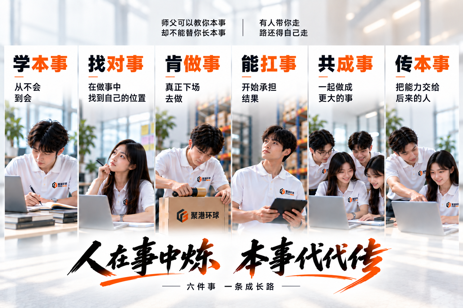 聚港环球企业文化六事一脉：学本事、找对事、肯做事、能扛事、共成事、传本事；人在事中炼，本事代代传